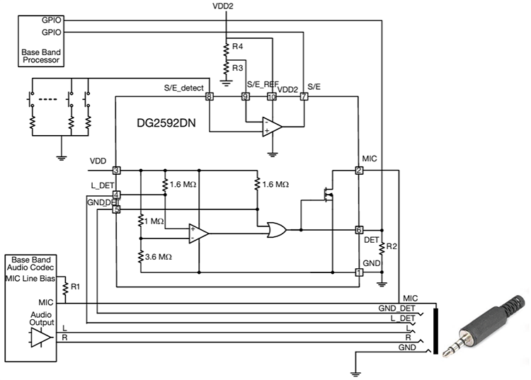 Application Circuit Diagram - Vishay / Siliconix DG2592 Audio Jack Detectors with Send/End Detect